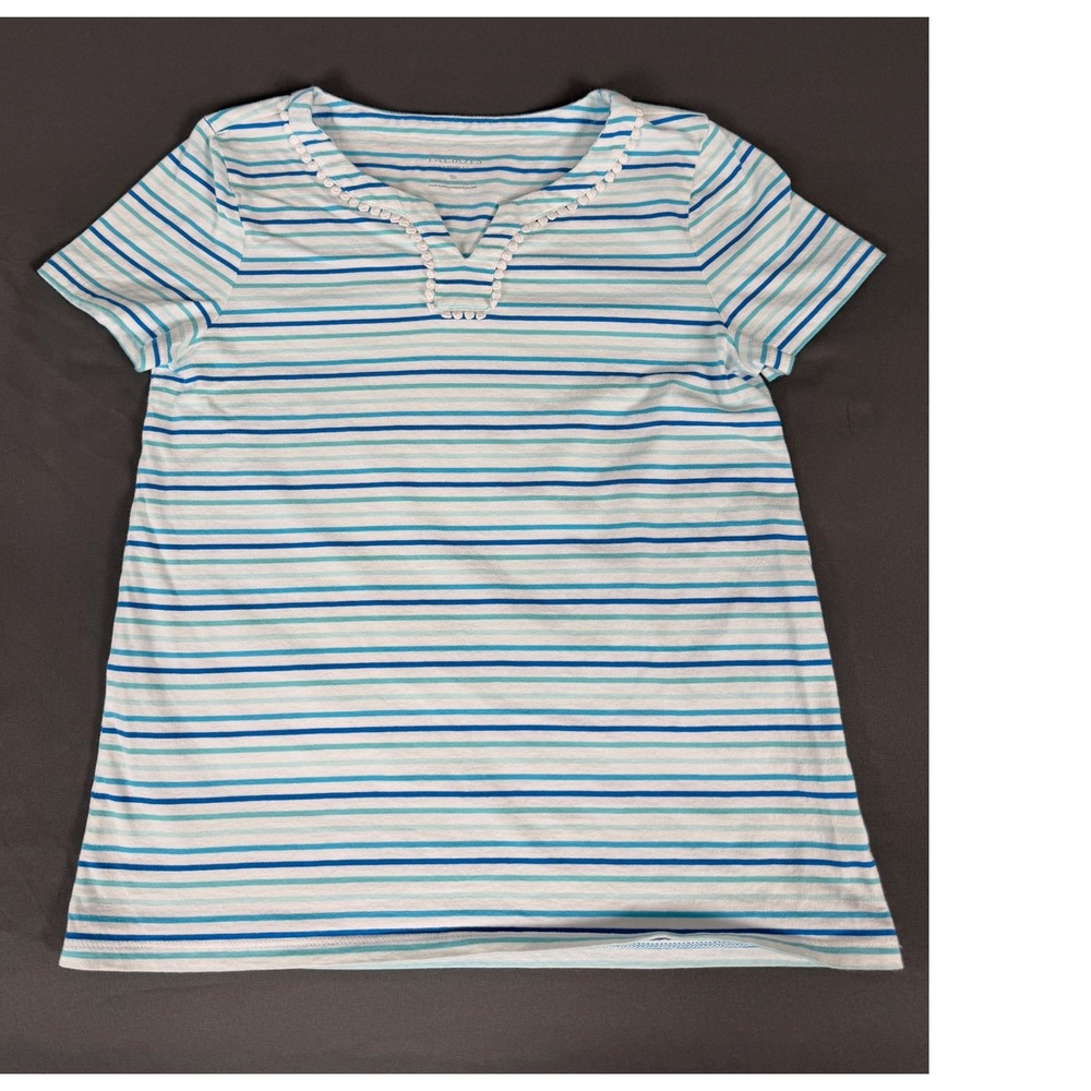 Talbots Striped Tee Women Size SP Blue Aqua White Pom Pom Trim Split Neck Cotton